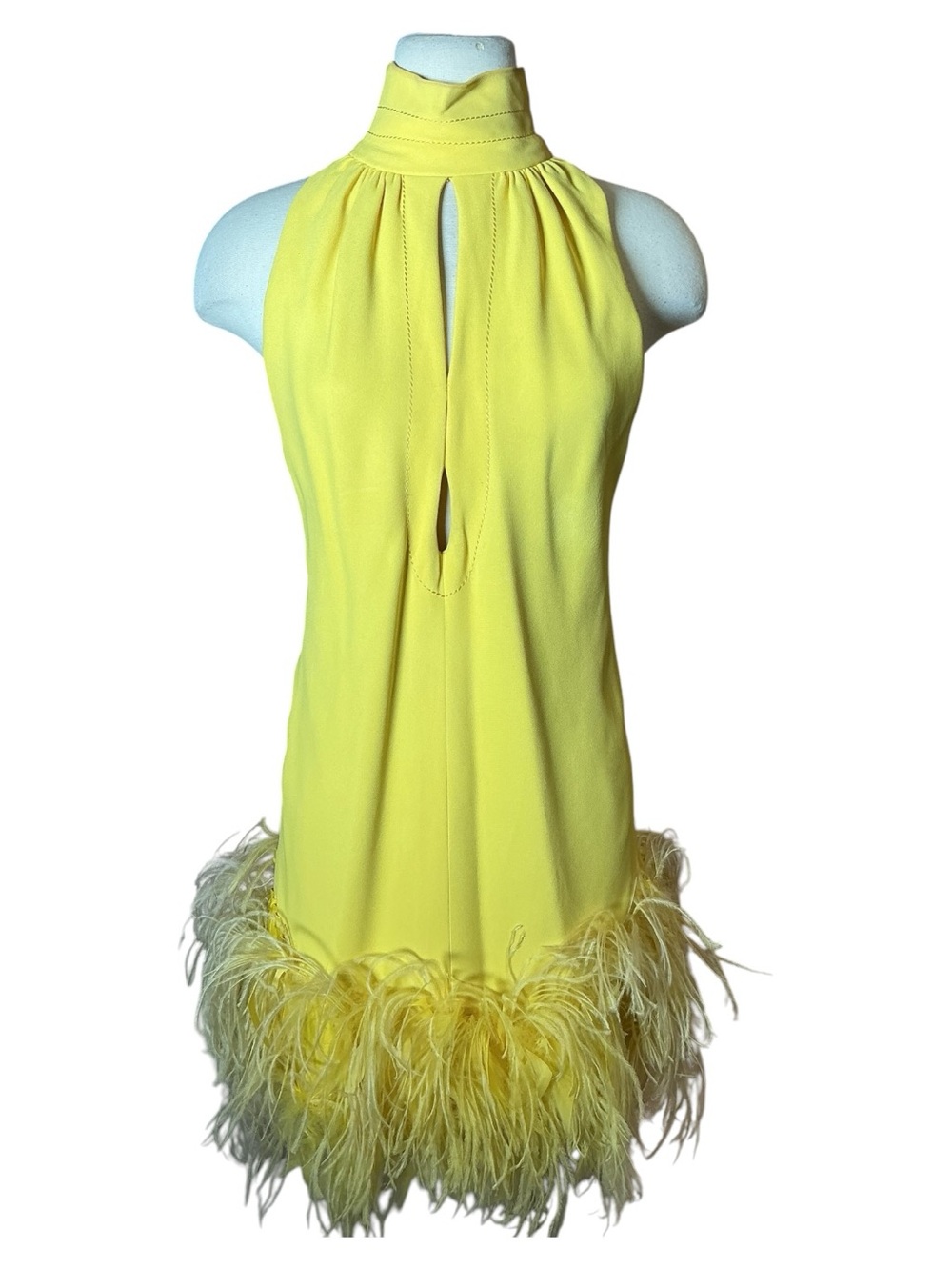 Vintage 1960s Yellow Feather Keyhole Mini Silk Crepe Dress XS Small